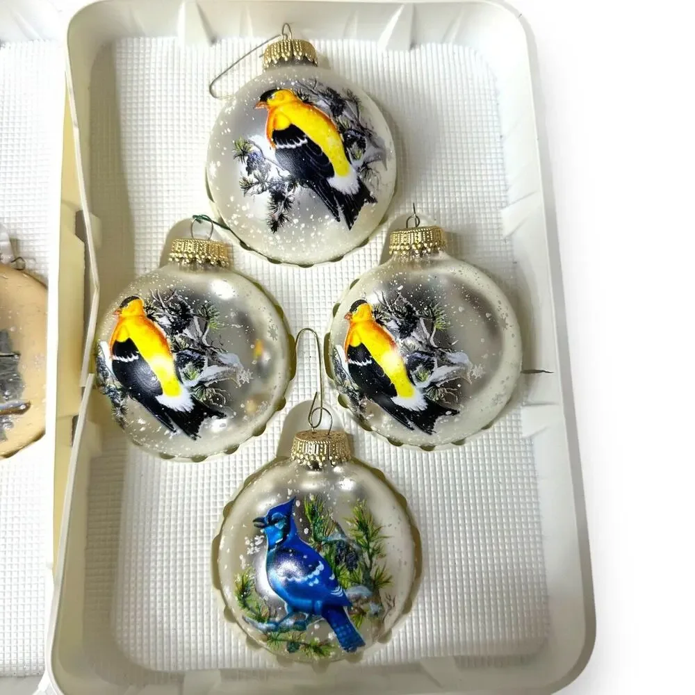 Vintage Krebs Glass Bird Ornaments 2 Sets Cardinal Blue Jay Gold Finch Wildlife